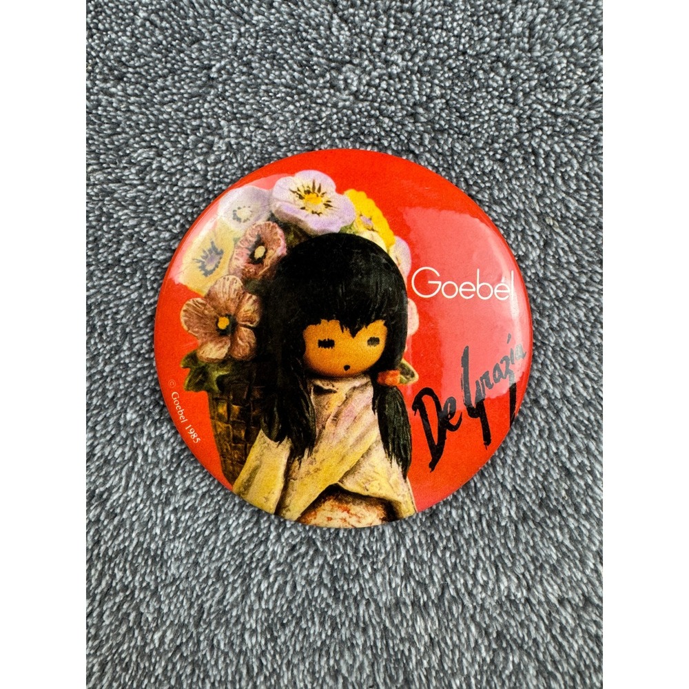 Vintage 1985 Goebel De Grazia Pin Back Button Girl with Flowers Red 3 Inch‎